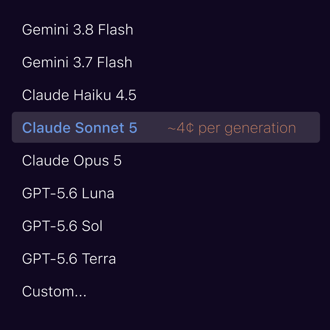 Model picker listing Gemini, Claude, and GPT models with Claude Sonnet 5 selected, showing a ~4¢ per generation cost estimate