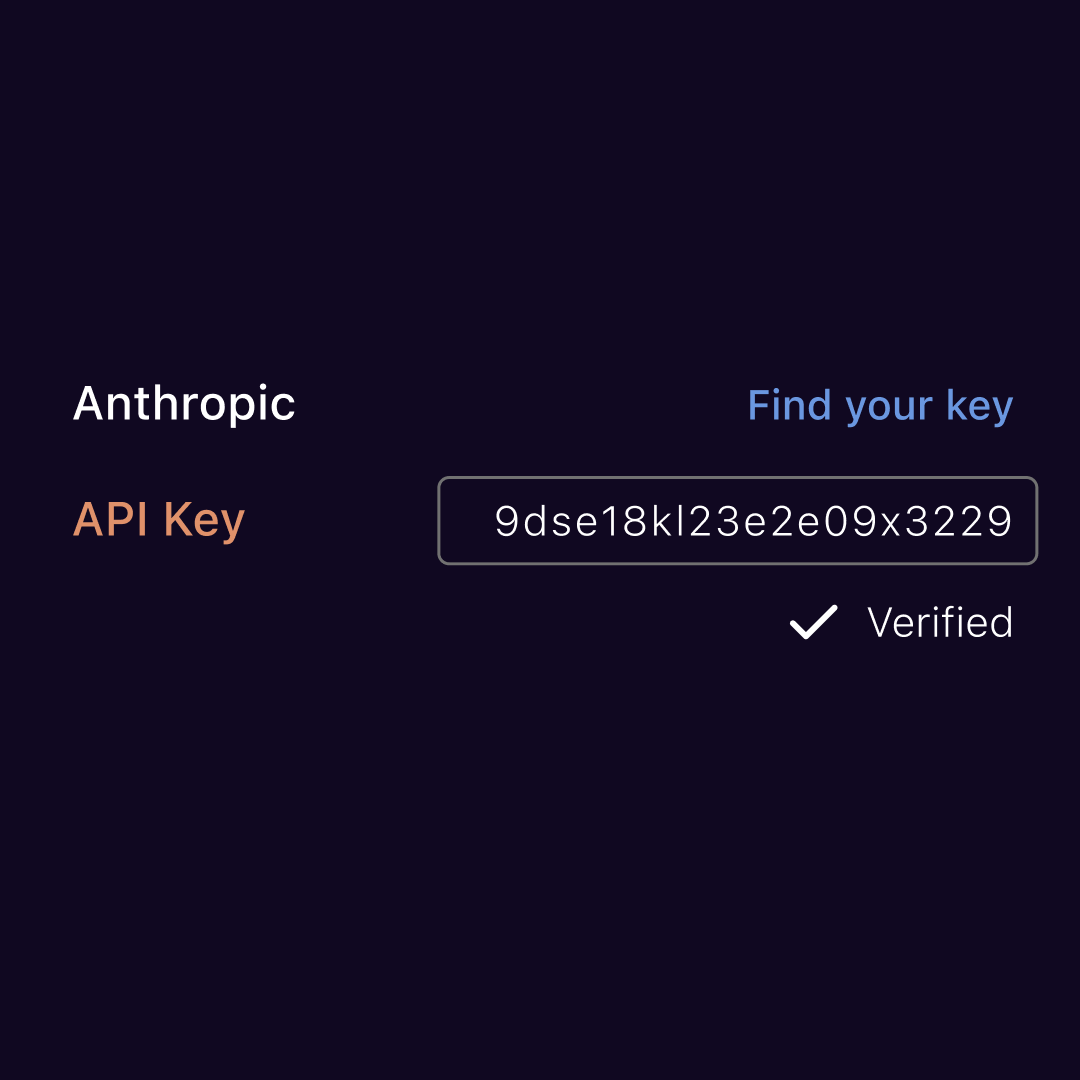Anthropic API key field showing a pasted key and a Verified checkmark, with a Find your key link