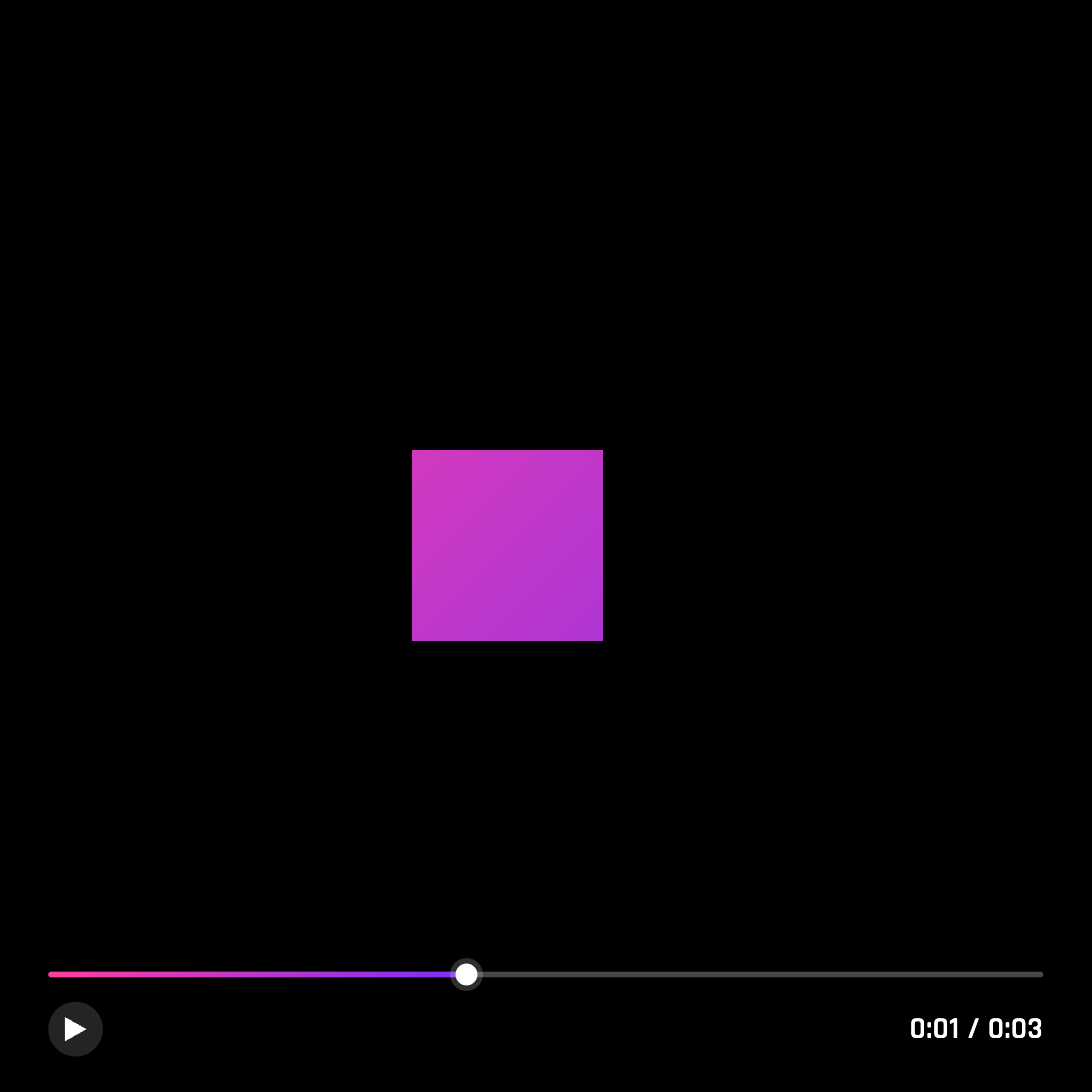 A block mid-animation, paused on a video player scrubber showing playback progress