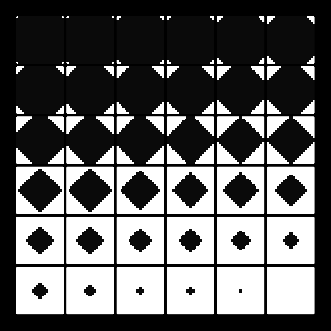 A 6 by 6 grid of 36 individual frames from a block sequence, growing from empty to full